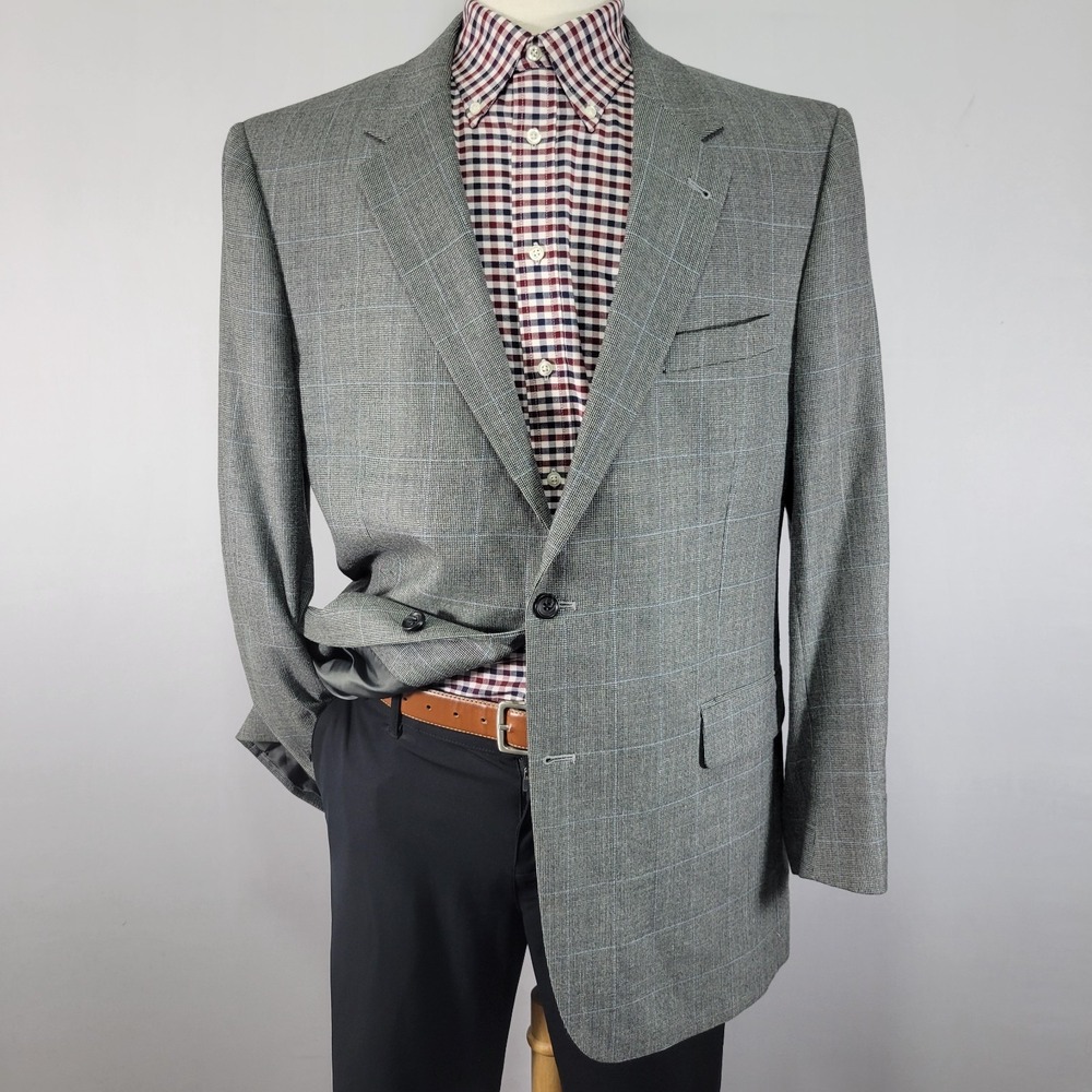 JOS A BANK Men's Sport Coat Blazer Two Button Gray Blue Plaid Silk Wool Size 44L